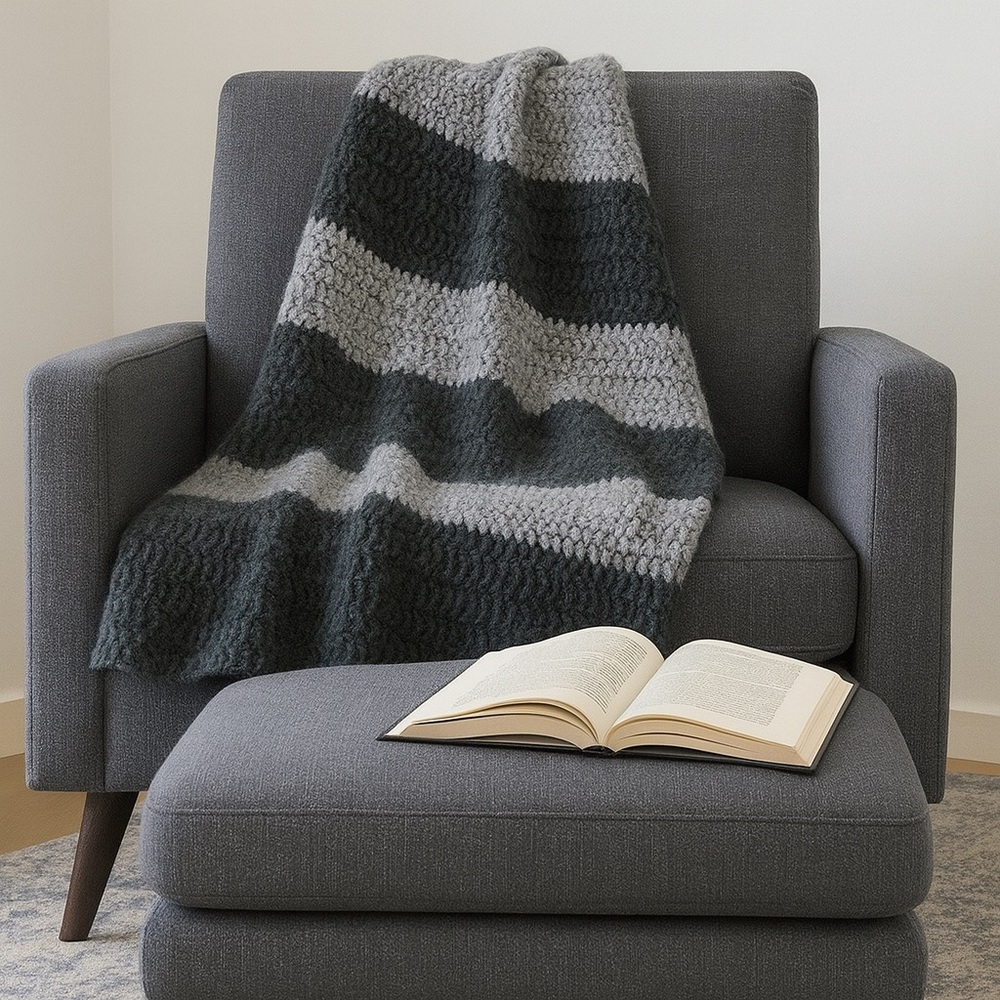 Two-tone Heavy Wool Wide Stripe Hand Knit Lap Afghan Throw Blanket #1201254